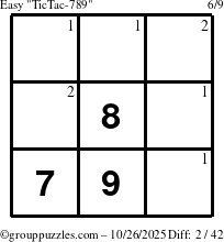 The grouppuzzles.com Easy TicTac-789 puzzle for Sunday October 26, 2025 with the first 2 steps marked