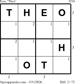 The grouppuzzles.com Easy Theo puzzle for Tuesday March 31, 2026 with all 2 steps marked