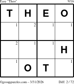 The grouppuzzles.com Easy Theo puzzle for Tuesday March 31, 2026 with the first 2 steps marked