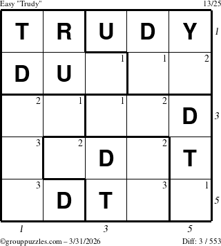 The grouppuzzles.com Easy Trudy puzzle for Tuesday March 31, 2026, suitable for printing, with all 3 steps marked