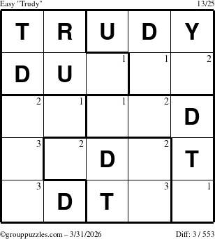 The grouppuzzles.com Easy Trudy puzzle for Tuesday March 31, 2026 with the first 3 steps marked