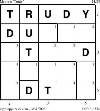 The grouppuzzles.com Medium Trudy puzzle for Tuesday March 31, 2026, suitable for printing, with all 3 steps marked