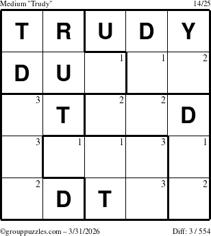The grouppuzzles.com Medium Trudy puzzle for Tuesday March 31, 2026 with the first 3 steps marked