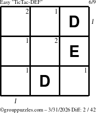 The grouppuzzles.com Easy TicTac-DEF puzzle for Tuesday March 31, 2026, suitable for printing, with all 2 steps marked