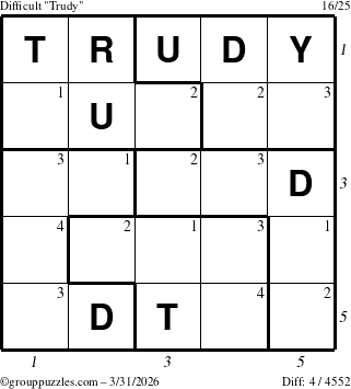 The grouppuzzles.com Difficult Trudy puzzle for Tuesday March 31, 2026 with all 4 steps marked