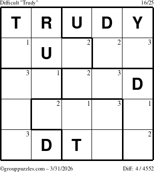 The grouppuzzles.com Difficult Trudy puzzle for Tuesday March 31, 2026 with the first 3 steps marked