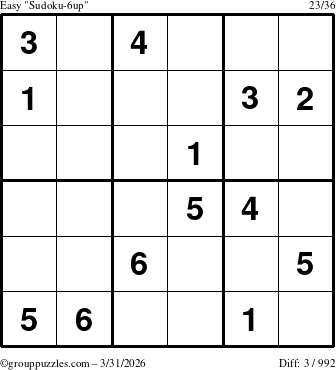 The grouppuzzles.com Easy Sudoku-6up puzzle for Tuesday March 31, 2026