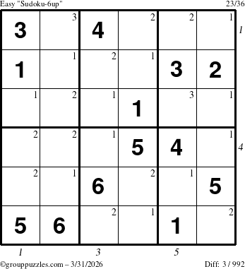 The grouppuzzles.com Easy Sudoku-6up puzzle for Tuesday March 31, 2026, suitable for printing, with all 3 steps marked