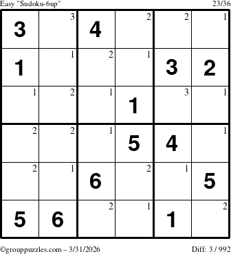 The grouppuzzles.com Easy Sudoku-6up puzzle for Tuesday March 31, 2026 with the first 3 steps marked