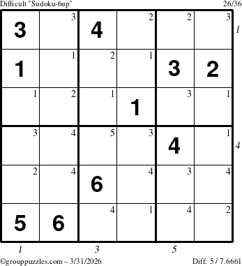 The grouppuzzles.com Difficult Sudoku-6up puzzle for Tuesday March 31, 2026, suitable for printing, with all 5 steps marked