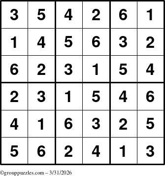 The grouppuzzles.com Answer grid for the Sudoku-6up puzzle for Tuesday March 31, 2026