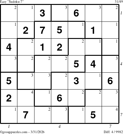 The grouppuzzles.com Easy Sudoku-7 puzzle for Tuesday March 31, 2026 with all 4 steps marked