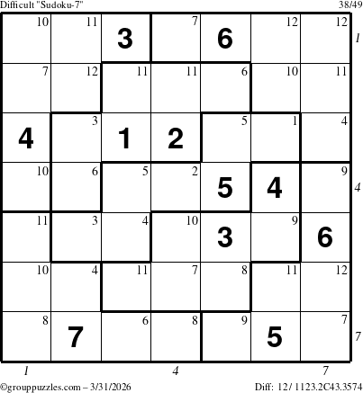 The grouppuzzles.com Difficult Sudoku-7 puzzle for Tuesday March 31, 2026, suitable for printing, with all 12 steps marked