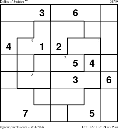 The grouppuzzles.com Difficult Sudoku-7 puzzle for Tuesday March 31, 2026 with the first 3 steps marked