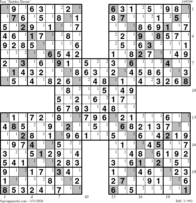 The grouppuzzles.com Easy Sudoku-Xtreme puzzle for Tuesday March 31, 2026 with all 3 steps marked
