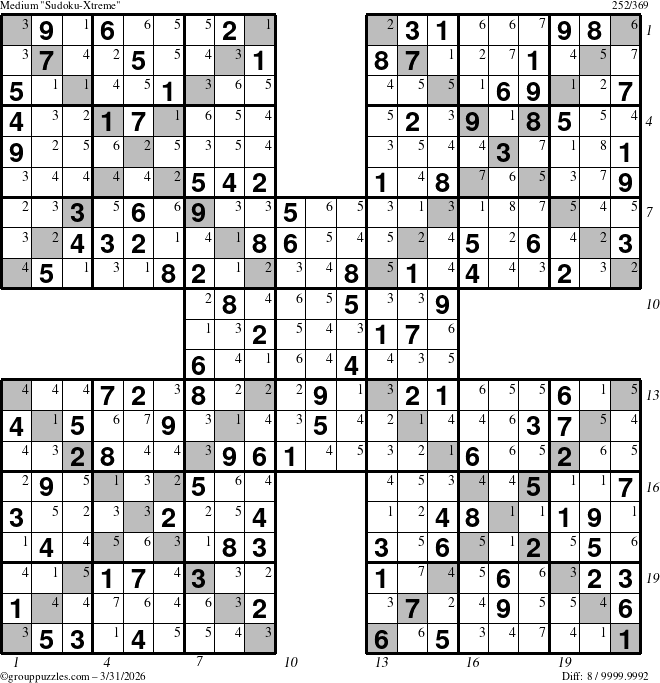 The grouppuzzles.com Medium Sudoku-Xtreme puzzle for Tuesday March 31, 2026, suitable for printing, with all 8 steps marked