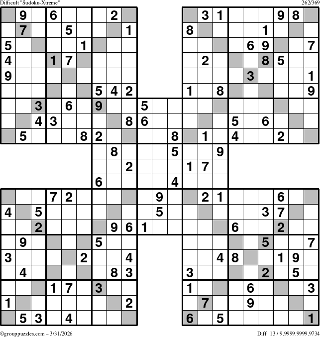 The grouppuzzles.com Difficult Sudoku-Xtreme puzzle for Tuesday March 31, 2026