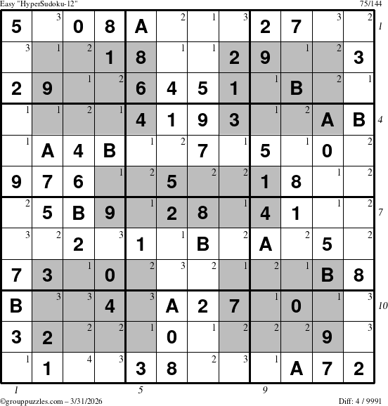 The grouppuzzles.com Easy HyperSudoku-12 puzzle for Tuesday March 31, 2026, suitable for printing, with all 4 steps marked