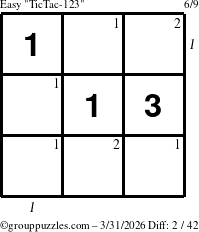 The grouppuzzles.com Easy TicTac-123 puzzle for Tuesday March 31, 2026, suitable for printing, with all 2 steps marked