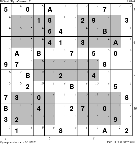 The grouppuzzles.com Difficult HyperSudoku-12 puzzle for Tuesday March 31, 2026 with all 11 steps marked