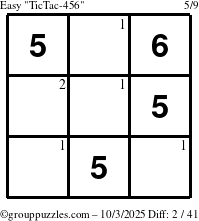 The grouppuzzles.com Easy TicTac-456 puzzle for Friday October 3, 2025 with the first 2 steps marked
