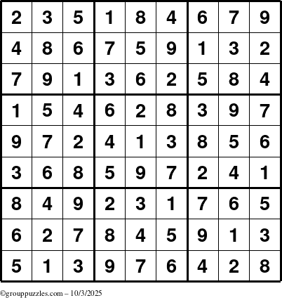 The grouppuzzles.com Answer grid for the Sudoku puzzle for Friday October 3, 2025