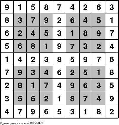The grouppuzzles.com Answer grid for the HyperSudoku puzzle for Friday October 3, 2025