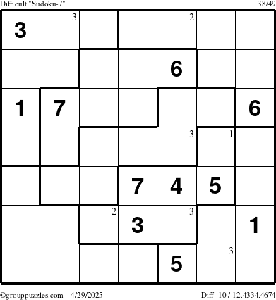 The grouppuzzles.com Difficult Sudoku-7 puzzle for Tuesday April 29, 2025 with the first 3 steps marked