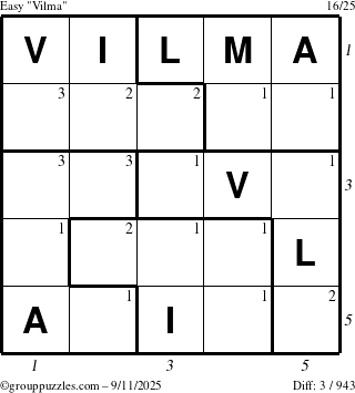 The grouppuzzles.com Easy Vilma puzzle for Thursday September 11, 2025, suitable for printing, with all 3 steps marked