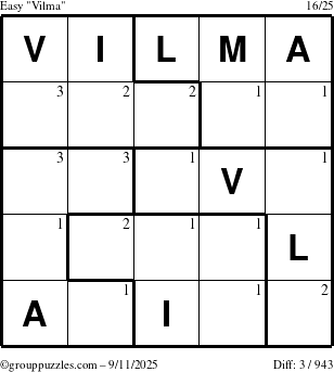 The grouppuzzles.com Easy Vilma puzzle for Thursday September 11, 2025 with the first 3 steps marked