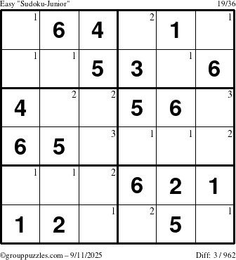 The grouppuzzles.com Easy Sudoku-Junior puzzle for Thursday September 11, 2025 with the first 3 steps marked
