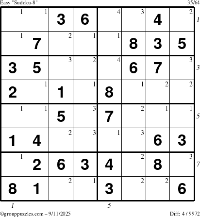 The grouppuzzles.com Easy Sudoku-8 puzzle for Thursday September 11, 2025, suitable for printing, with all 4 steps marked