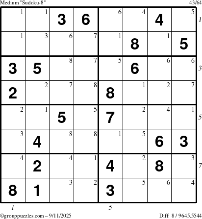 The grouppuzzles.com Medium Sudoku-8 puzzle for Thursday September 11, 2025 with all 8 steps marked