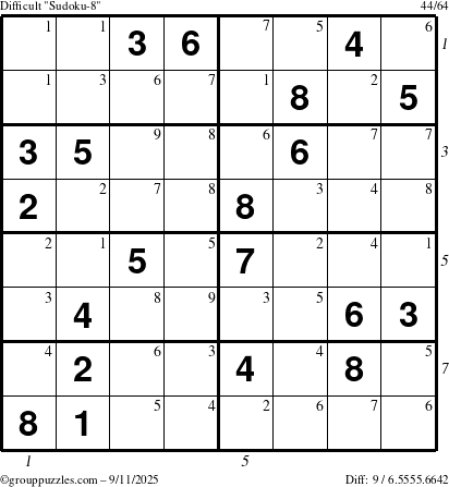The grouppuzzles.com Difficult Sudoku-8 puzzle for Thursday September 11, 2025, suitable for printing, with all 9 steps marked