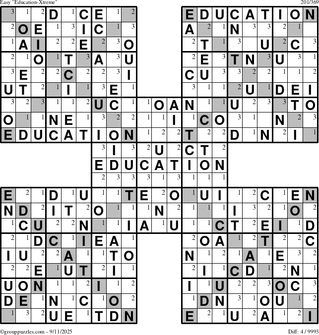 The grouppuzzles.com Easy Education-Xtreme puzzle for Thursday September 11, 2025 with the first 3 steps marked