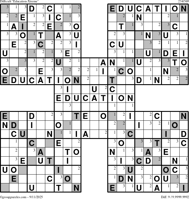 The grouppuzzles.com Difficult Education-Xtreme puzzle for Thursday September 11, 2025 with the first 3 steps marked