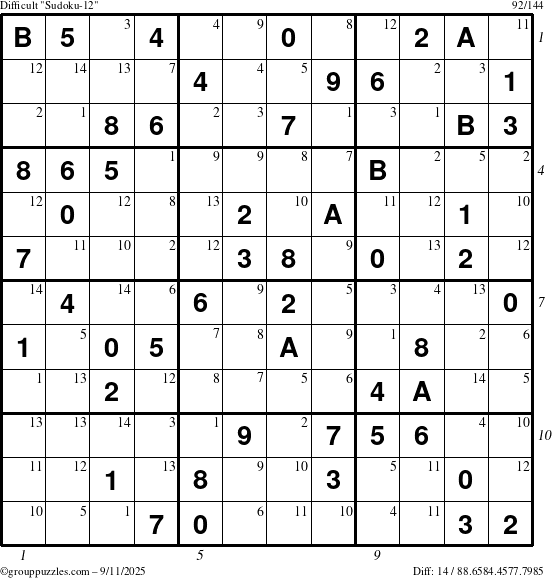 The grouppuzzles.com Difficult Sudoku-12 puzzle for Thursday September 11, 2025, suitable for printing, with all 14 steps marked