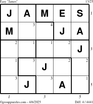 The grouppuzzles.com Easy James puzzle for Sunday April 6, 2025 with all 4 steps marked