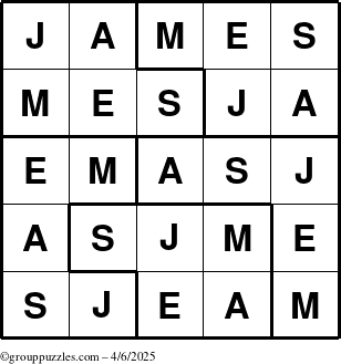 The grouppuzzles.com Answer grid for the James puzzle for Sunday April 6, 2025