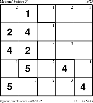 The grouppuzzles.com Medium Sudoku-5 puzzle for Sunday April 6, 2025 with the first 3 steps marked