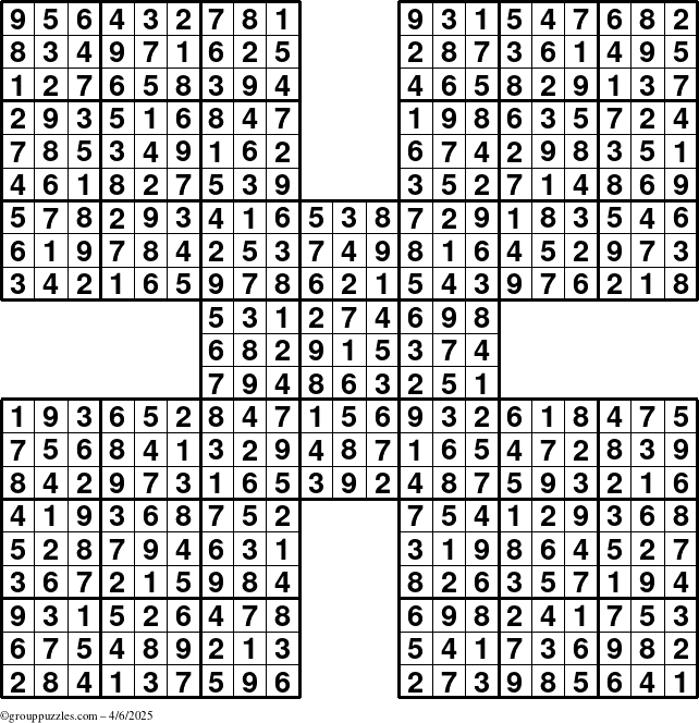 The grouppuzzles.com Answer grid for the Sudoku-by5 puzzle for Sunday April 6, 2025