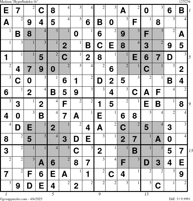 The grouppuzzles.com Medium HyperSudoku-16 puzzle for Sunday April 6, 2025, suitable for printing, with all 5 steps marked