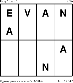 The grouppuzzles.com Easy Evan puzzle for Sunday August 16, 2026