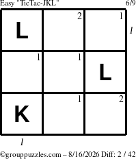 The grouppuzzles.com Easy TicTac-JKL puzzle for Sunday August 16, 2026 with all 2 steps marked
