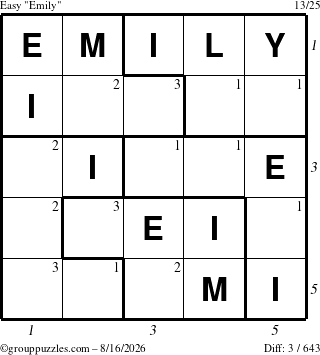 The grouppuzzles.com Easy Emily puzzle for Sunday August 16, 2026 with all 3 steps marked