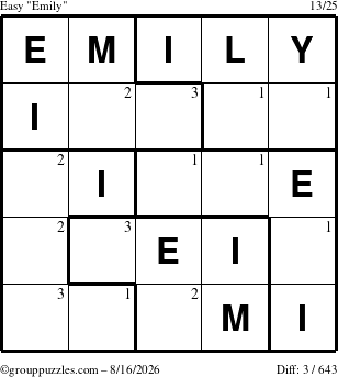 The grouppuzzles.com Easy Emily puzzle for Sunday August 16, 2026 with the first 3 steps marked