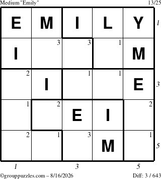 The grouppuzzles.com Medium Emily puzzle for Sunday August 16, 2026 with all 3 steps marked