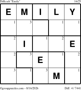 The grouppuzzles.com Difficult Emily puzzle for Sunday August 16, 2026 with the first 3 steps marked