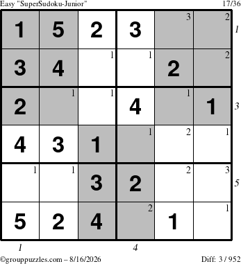 The grouppuzzles.com Easy SuperSudoku-Junior puzzle for Sunday August 16, 2026 with all 3 steps marked