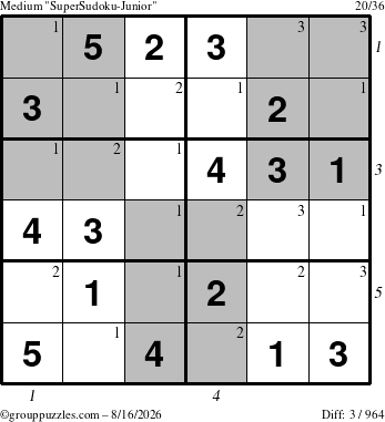 The grouppuzzles.com Medium SuperSudoku-Junior puzzle for Sunday August 16, 2026, suitable for printing, with all 3 steps marked